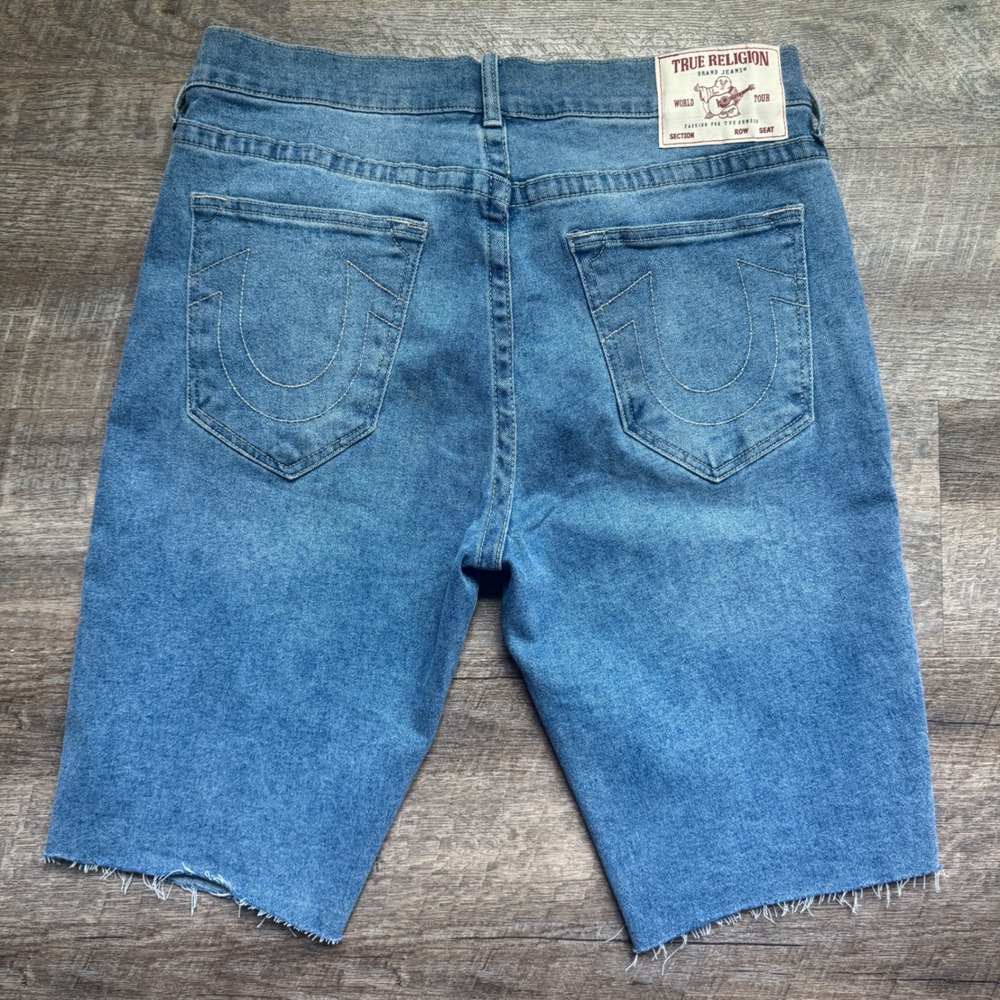 True Religion‎ Ricky Relaxed Straight Denim Shorts 34 Blue Raw Hem Horseshoe